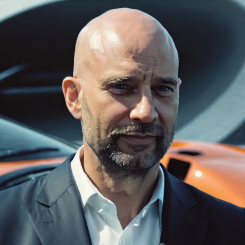 AI generated image of Dale Mueller in a blazer and white shirt. The top button is undone. Dale is a handsome bald mane with a close trimmed beard that is greying.