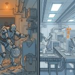 a split picture. On the left depicting a robot doing laundry in a home. On the right a picture of a commercial facility with purpose built robots doing laundry in a purpose built facility