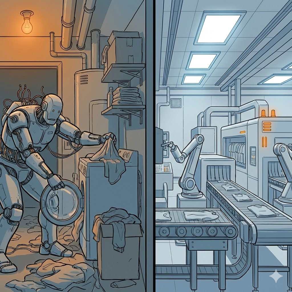 a split picture. On the left depicting a robot doing laundry in a home. On the right a picture of a commercial facility with purpose built robots doing laundry in a purpose built facility
